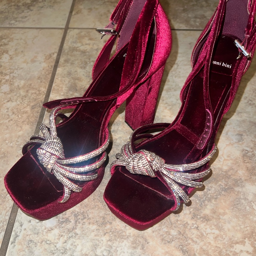 Red Velvet Heels with Silver Accents